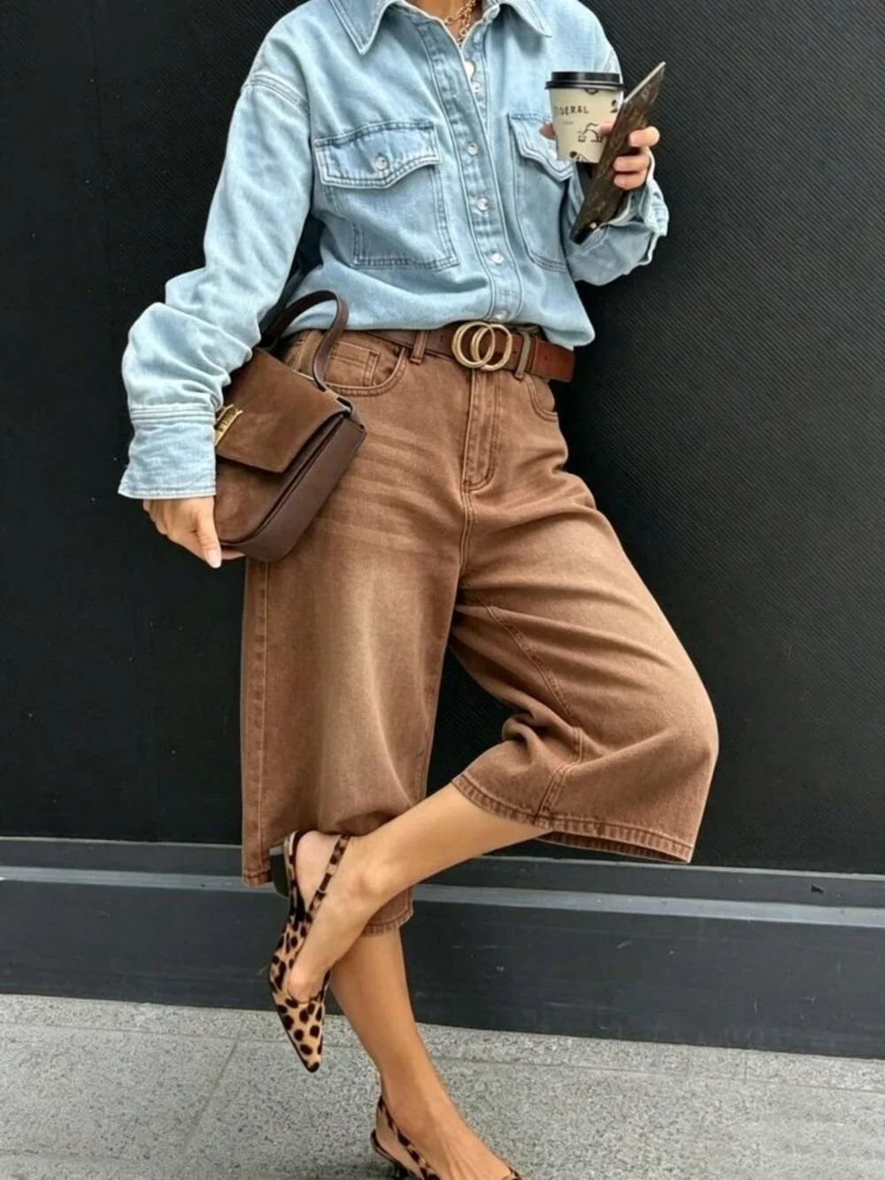 brown Women's Casual Denim Bermuda Shorts with Pockets